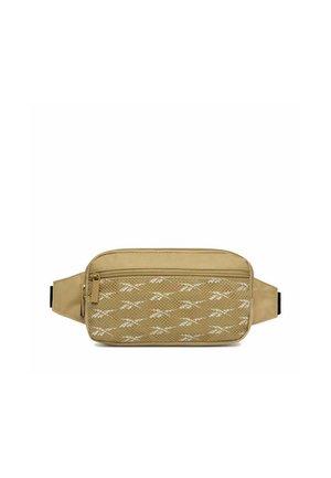 Beige Bauchtasche mit vorderer Reißverschlusstasche, die eine Netzüberlagerung und ein sich wiederholendes weißes Logo-Muster aufweist, gesichert durch verstellbare Gurte.