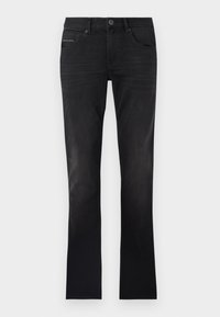 Jean noir slim avec bouton à l'avant, passants pour ceinture, et poches visibles à l'avant et à l'arrière sur un fond uni.