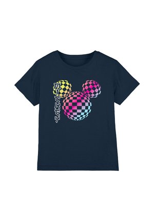 Navy blue T-shirt featuring a checkered graphic of three spheres in yellow, pink, and cyan, with stylized text in white on the left.