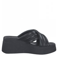 Black wedge slide sandal with a thick, textured platform, featuring crisscross pleated straps made of faux leather for added comfort.