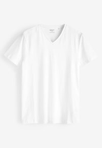 T-shirt bianca con scollo a V realizzata in cotone morbido. Presenta maniche corte e vestibilità comoda. Design semplice senza motivi o accenti.