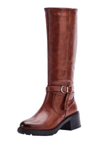 Bota de cuero marrón hasta la rodilla con punta redondeada, tacón ancho negro y detalle decorativo de hebilla. Textura suave con un acabado pulido.