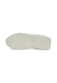 Sola de sapato de borracha branca com padrões circulares texturizados e elevados para melhor aderência, apresentando uma marcação em relevo para um detalhe adicional.