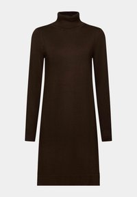 Brun ribbad stickad klänning med hög ståkrage och långa ärmar. Har en rak skärning och en enfärgad design utan mönster eller dekorationer.