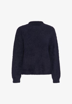 Navy fuzzy sweater with a high neckline, long sleeves, and a relaxed fit. Soft texture and slightly oversized design for comfort.