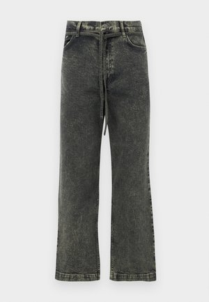 Black denim jeans with a straight-leg cut, featuring a subtle distressed texture, button closure, and front pockets.