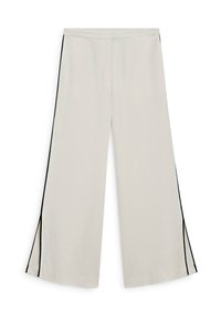 Pantalon crème à jambes larges avec des bandes latérales noires et de petites fentes à l'ourlet, présenté sur un fond blanc.