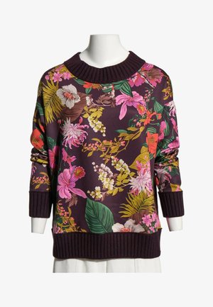 Pull en maille à manches longues avec poignets et ourlet côtelés, avec un motif floral coloré sur un fond violet foncé.