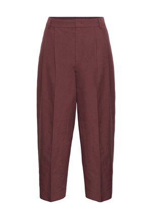 Hoch geschnittene, locker sitzende Cropped-Hosen in dunklem Weinrot mit Falten, Gürtelschlaufen und verdecktem Frontverschluss.