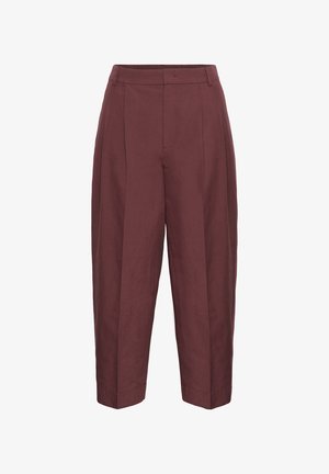 Pantalon court taille haute, coupe ample, couleur bordeaux foncé, avec plis, passants pour ceinture et fermeture dissimulée à l'avant.