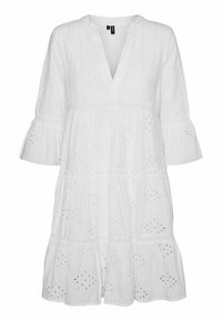 Vit bomullsklänning med V-hals, trekvartsärmar med klocka, lagerdesign och hålbroderidetaljer över hela.