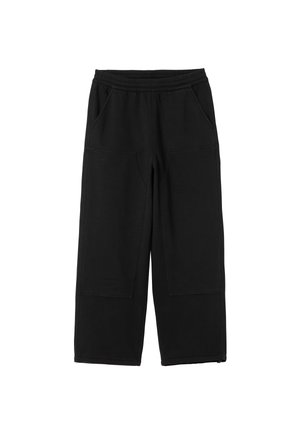 Pantaloni da tuta neri realizzati in tessuto morbido, caratterizzati da un design a gamba larga, vita elasticizzata e due tasche frontali. Texture liscia senza motivi visibili.