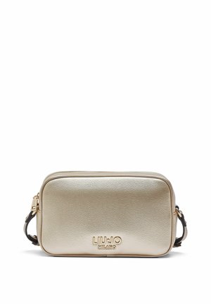 Sac bandoulière rectangulaire métallique doré avec bandoulière noire réglable et logo Liu Jo Milano doré au centre avant.