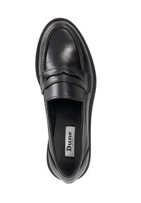 Black leather loafer with a rounded toe, prominent stitched detailing, and a textured sole. Features a branded insole.