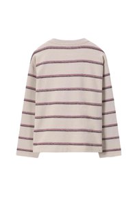 Beige Pullover mit langen Ärmeln, horizontalen pinken und dunkelgrauen Streifen, flach von hinten auf einem weißen Hintergrund präsentiert.