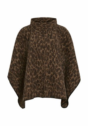 Poncho con stampa leopardata marrone, colletto alto, tessuto morbido, maniche ampie e vestibilità ampia, caratterizzato da una superficie testurizzata e orlo dritto.