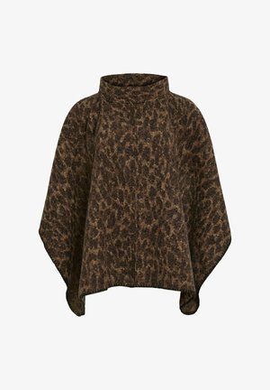 Brown leopard-print poncho with a high collar, soft fabric, wide sleeves, and a loose fit, featuring a textured surface and even hem.