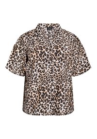 Blouse met luipaardprint in lichte stof, voorzien van korte mouwen, een relaxte pasvorm en een knoopsluiting aan de voorkant. Kleuren zijn zwart, bruin en crème.