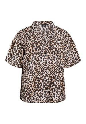 Chemise en tissu léger avec imprimé léopard, à manches courtes, coupe décontractée et fermeture boutonnée à l'avant. Les couleurs comprennent le noir, le marron et la crème.