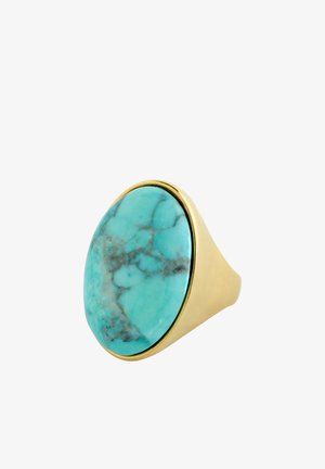 Goldener Ring mit großem ovalen Türkisstein mit natürlichen grauen Adern, gefasst in einem glatten Band.