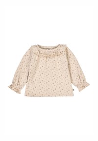 Cremfarbendes Babyshirt mit langen Ärmeln, das ein rosa und braunes Blumenmuster auf weißem Hintergrund zeigt. Es hat einen Rüschensaum am Kragen und elastische Rüschensäume an den Ärmeln.