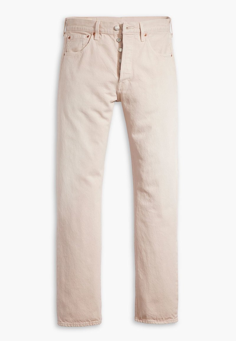 Jean beige clair droit avec braguette à boutons, design cinq poches et passants de ceinture, posé à plat sur fond blanc.