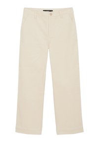 Pantalon beige en velours côtelé à taille haute avec jambes droites, passants pour ceinture, fermeture par bouton et poches latérales.