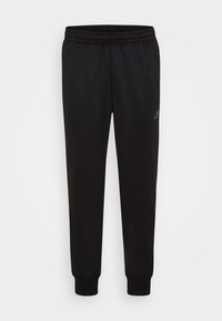 Svarta sweatpants med elastisk midja, smalnande manchetter, sidofickor och en diskret logotyp på vänster lår. Tillverkade av mjukt, stretchy material.