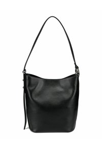 Borsa a tracolla in pelle nera con una texture liscia, forma curva e tracolla piatta regolabile. Caratterizzata da un'apertura superiore e hardware minimale.