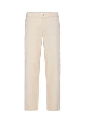 Beiget suoralahkeiset housut, joissa on nappi- ja vetoketjukiinnitys, vyölenkit ja sivutaskut, valkoista taustaa vasten.