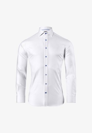 Weißes Langarmhemd mit blauen Knöpfen und Kragenakzenten. Glattes Material und taillierte Passform, mit einem klassischen Button-Down-Design.