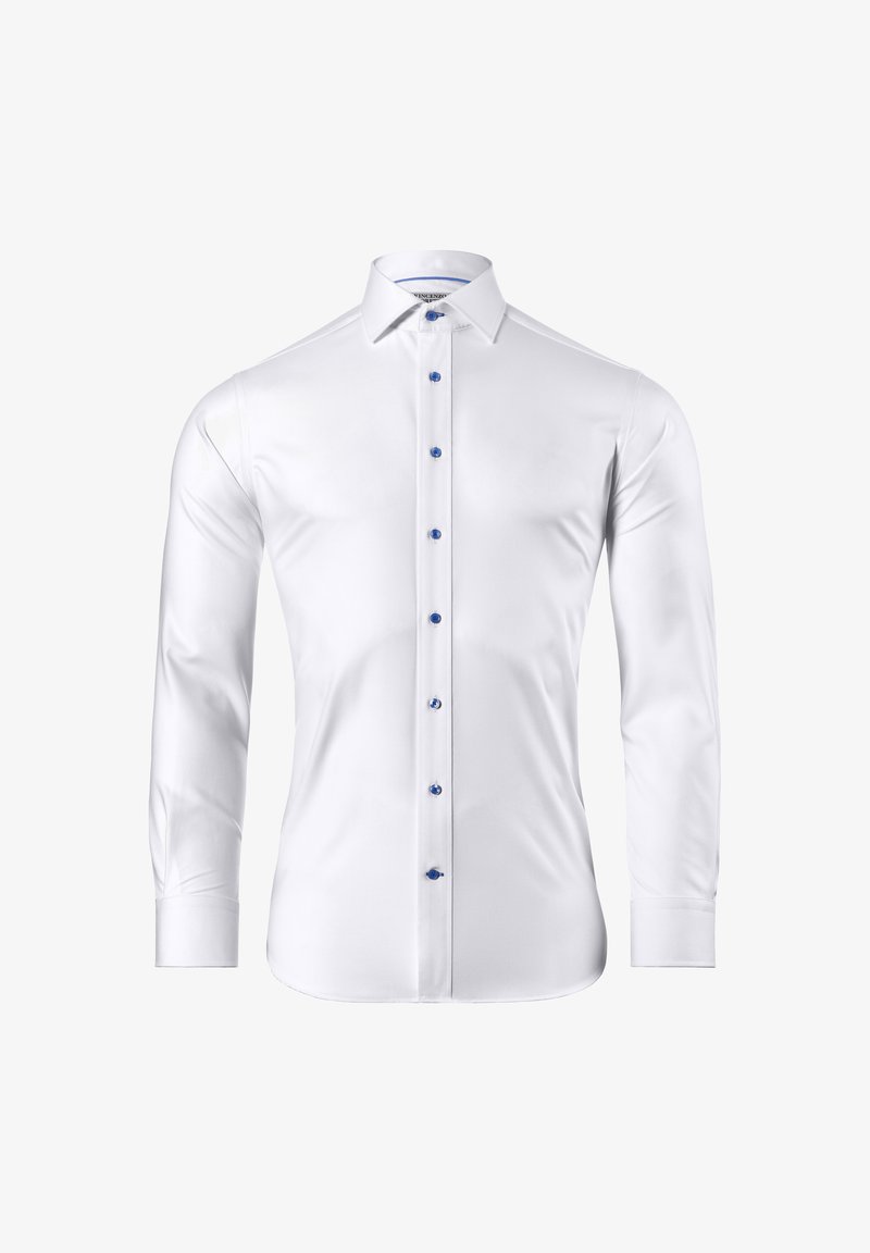 White long-sleeve shirt with blue buttons and collar accents. Smooth fabric and tailored fit, featuring a classic button-down design.