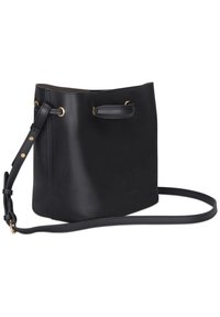 Black leather bucket bag with a smooth texture, gold-tone hardware, and an adjustable strap. Features a top handle and minimalist design.