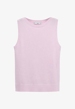 Top tricotat roz pal fără mâneci, cu decolteu rotund și margini nervurate, prezentat așezat pe un fundal alb.