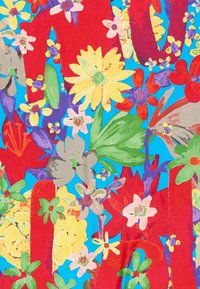 Vibrant floral pattern with multicolored flowers and green leaves on a blue background, featuring textures and shapes in red, yellow, and purple.
