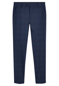 Pantalon bleu marine ajusté avec un motif discret à carreaux gris clair en quadrillage, fermeture par bouton à l'avant, passants pour ceinture et poches latérales.