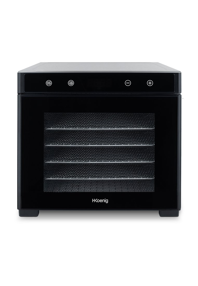 Disidratatore alimentare nero con frontale in vetro e griglie in rete metallica all'interno. Il pannello di controllo presenta tre pulsanti e un display digitale. Design compatto.