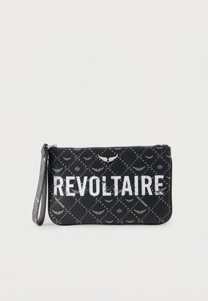 Black zippered wristlet pouch with white "REVOLTAIRE" text and gray patterned logos, a crown, and winged design.