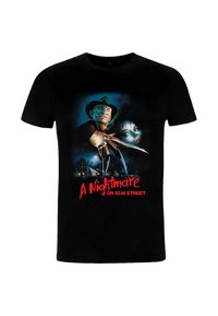 Černé bavlněné tričko s barevnou grafikou postavy s klobouk a drápy, spolu se textem "Noční můra v Elm Street."