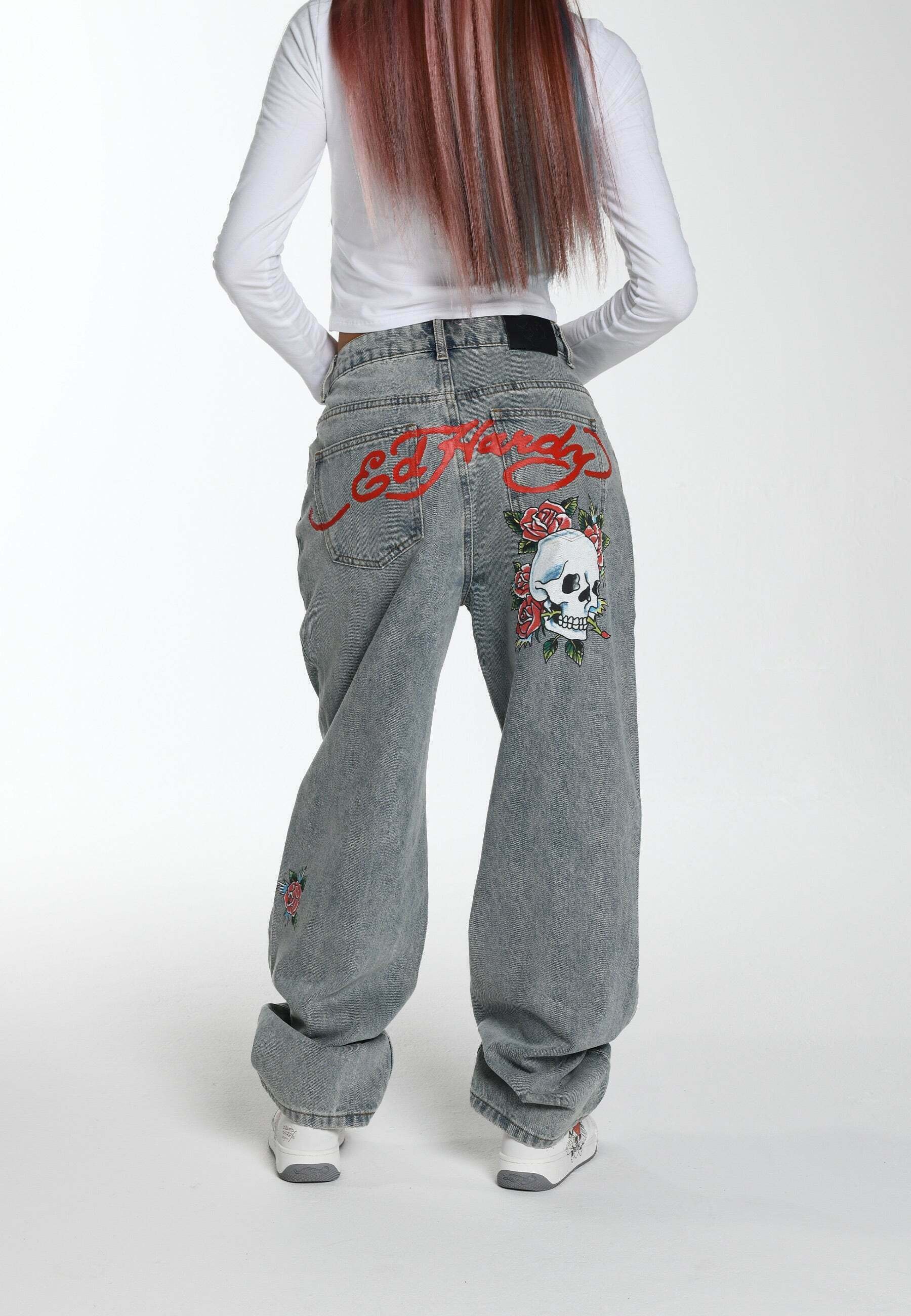 Ed Hardy BLOOMING DEATH - Jeansy Relaxed Fit/niebieski
