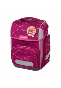 Zaino rosa con un motivo a onde, dettagli in argento e un badge a forma di tigre. Presenta una maniglia superiore e molteplici scomparti per lo stoccaggio.