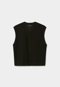 Černý top bez rukávů s výstřihem do V, vyrobený z texturované látky. Rovný spodní lem a minimalistický design bez ozdob.