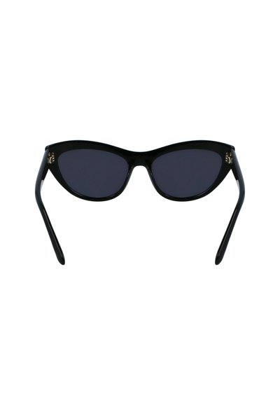 Schwarze Cat-Eye-Sonnenbrille mit dunklen Gläsern, glänzendem Kunststoffrahmen, spitzen Ecken und goldenen Hardware-Akzenten an den Scharnieren.
