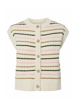 Kreemikas kootud varrukateta kardigan, millel on horisontaalsed roosad, rohelised ja beežid triibud ning ees viis puitnööpi.