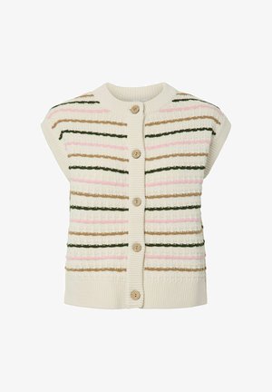 Kreemikas kootud varrukateta kardigan, millel on horisontaalsed roosad, rohelised ja beežid triibud ning ees viis puitnööpi.