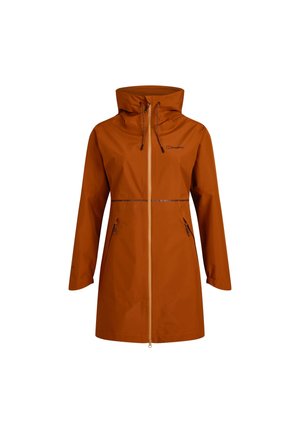 Waterproof orange raincoat with a hood, full zipper, drawstring at the neck, and two zippered side pockets. Smooth texture and mid-length design.
