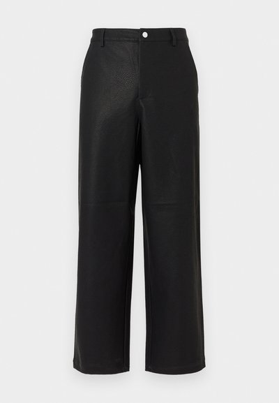 Black faux leather wide-leg pants with a subtle textured finish. Features front pockets and a smooth waistband with a button closure.