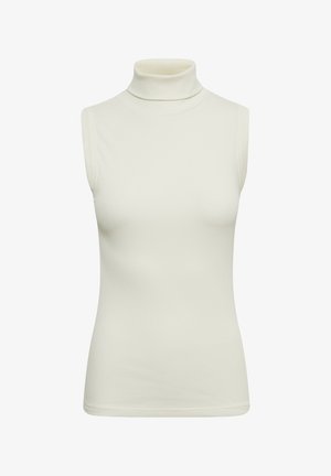 Hihaton valkoinen, ribbattu poolopaita, jossa on vartalonmyötäinen istuvuus ja korkea kaulus.