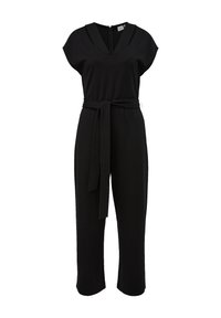 Combinaison noire en tissu doux, avec encolure en V, manches courtes, ceinture nouée à la taille et pantalon large à la texture lisse.