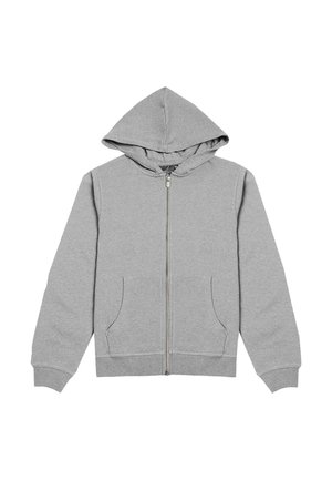 Felpa grigia con zip, cappuccio, maniche lunghe, due tasche frontali e polsini a costine. Realizzata in tessuto morbido con una superficie liscia.